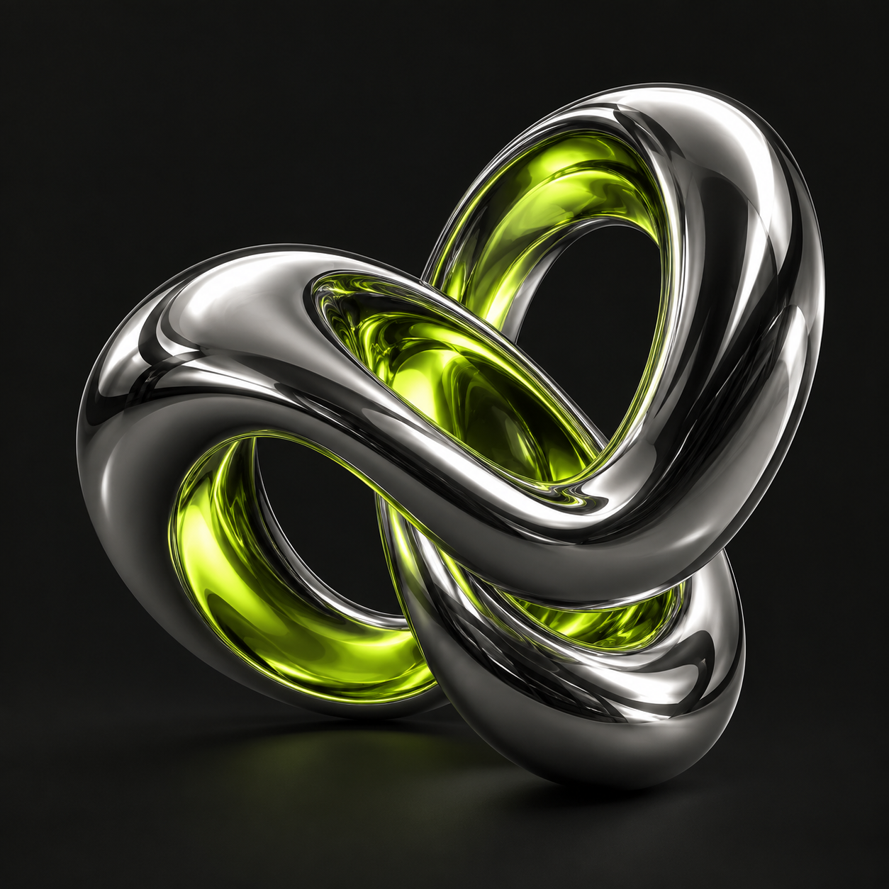 Intertwined chrome sculpture with lime reflections